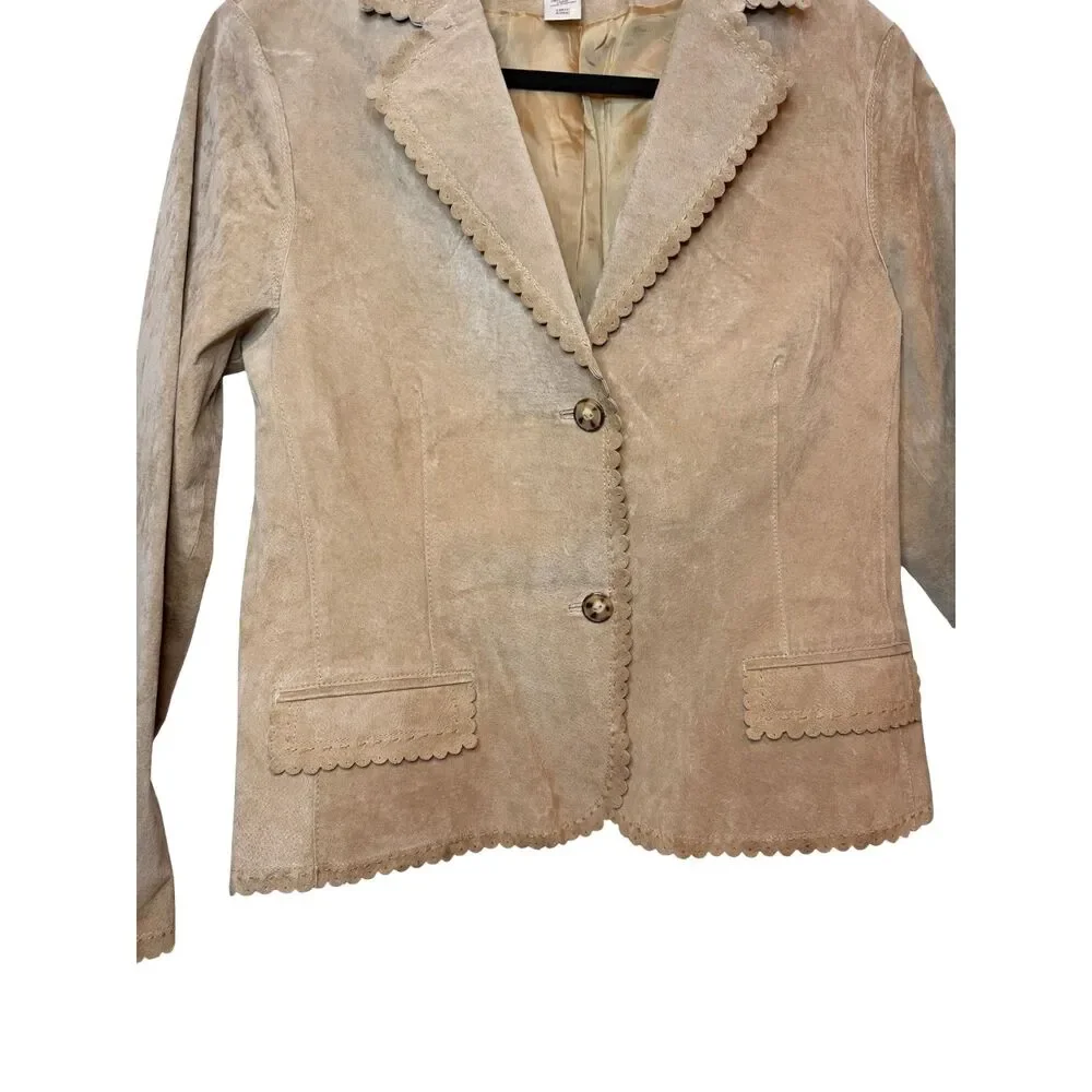 Coldwater Creek Womens L Tan Suede Leather Scalloped Blazer Jacket Boho Western - Picture 5 of 8
